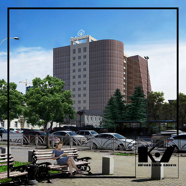 3D визуализация экстерьера офисного здания с подземной автопарковкой БЦ Дубровин