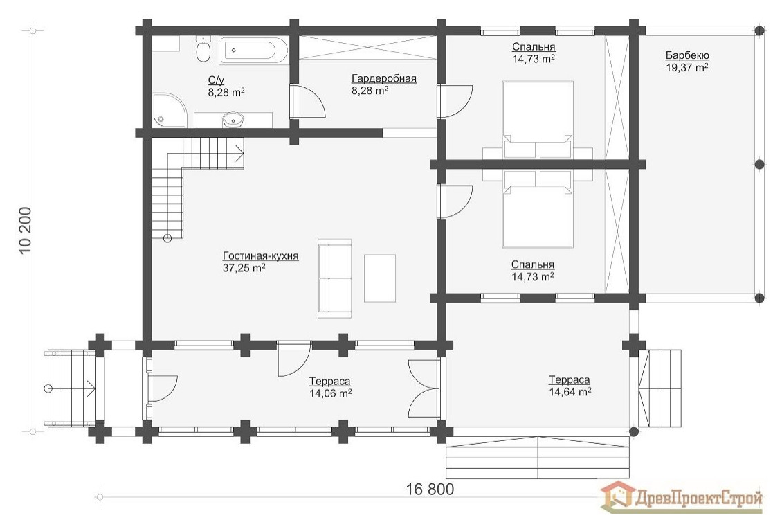 Дом из оцилиндрованных бревен 197,03м². Размеры 16800 х 10200. Проект № 304
