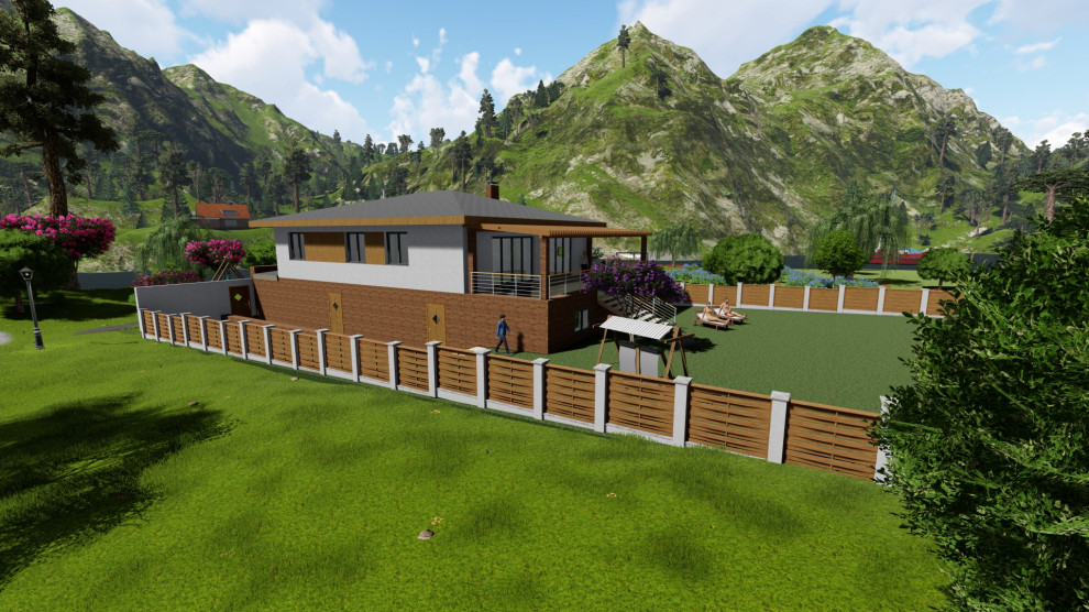 Дом на уклонном участке с цокольным этажом, и открытой терассой