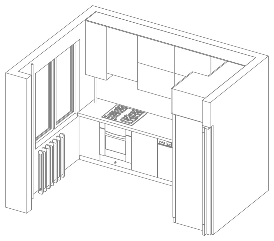 Маленькая кухня с ярким фартуком.