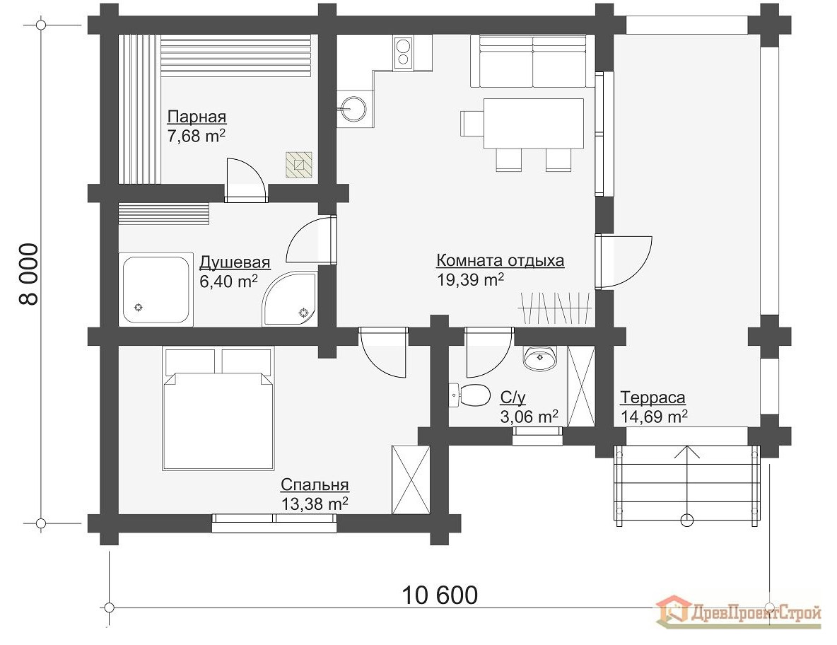 Проект бани № 4. Баня из оцилиндрованных бревен 64,60м², 8000 х 10600.