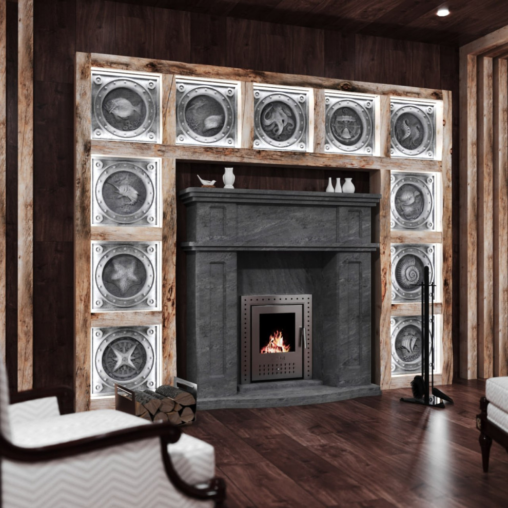 Обложка проекта: Портал для банной печи из talcum stone, модель ТМ-10 в обрамлении барельефов из