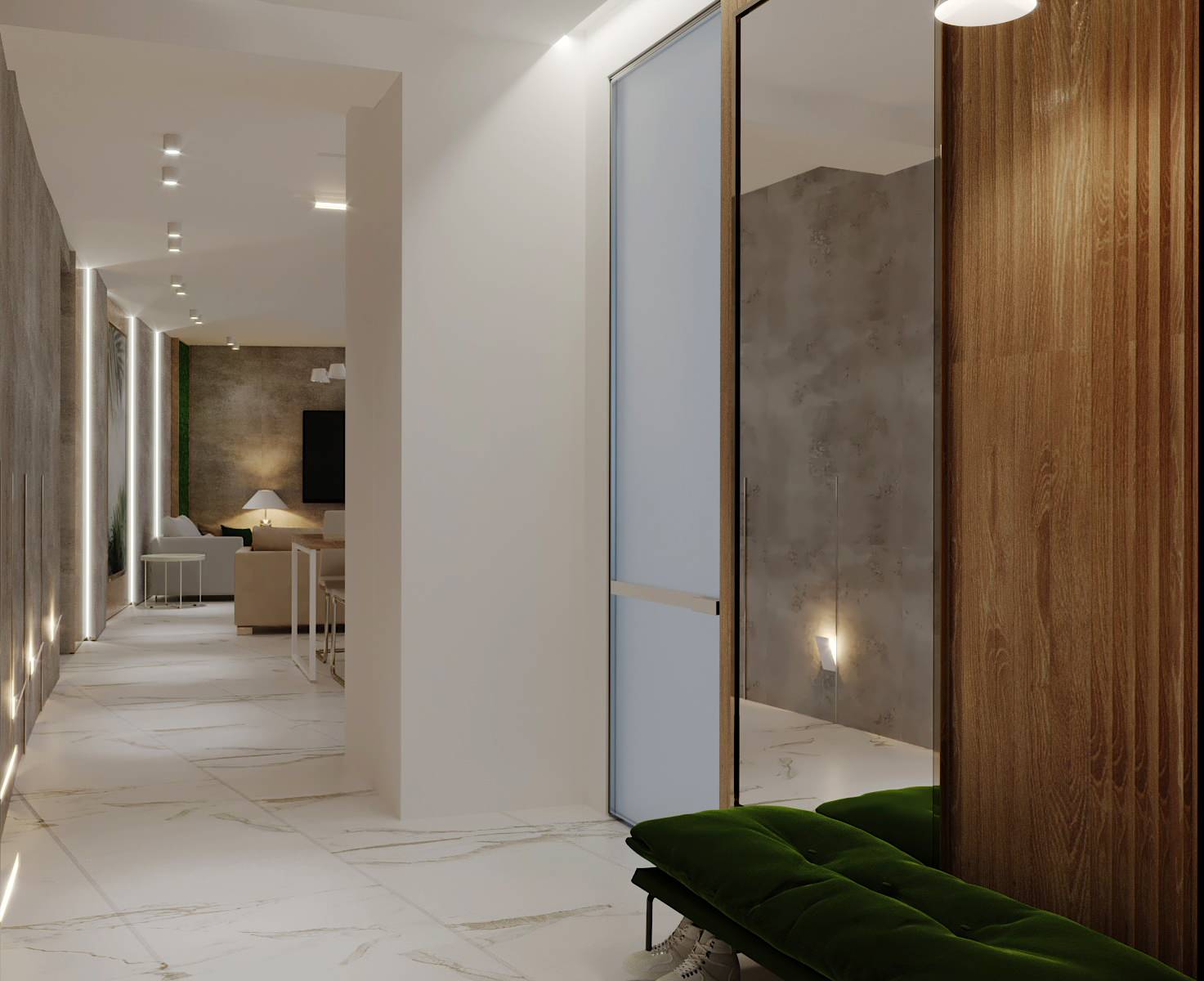 Светлые,минималистичные с сочными зелеными акцентами интерьеры