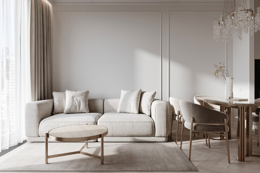 Интерьер бежевое кухни-гостиной 21м2