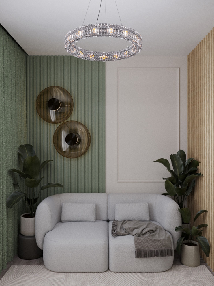 Дизайн кухни-гостиной в оливковом цвете