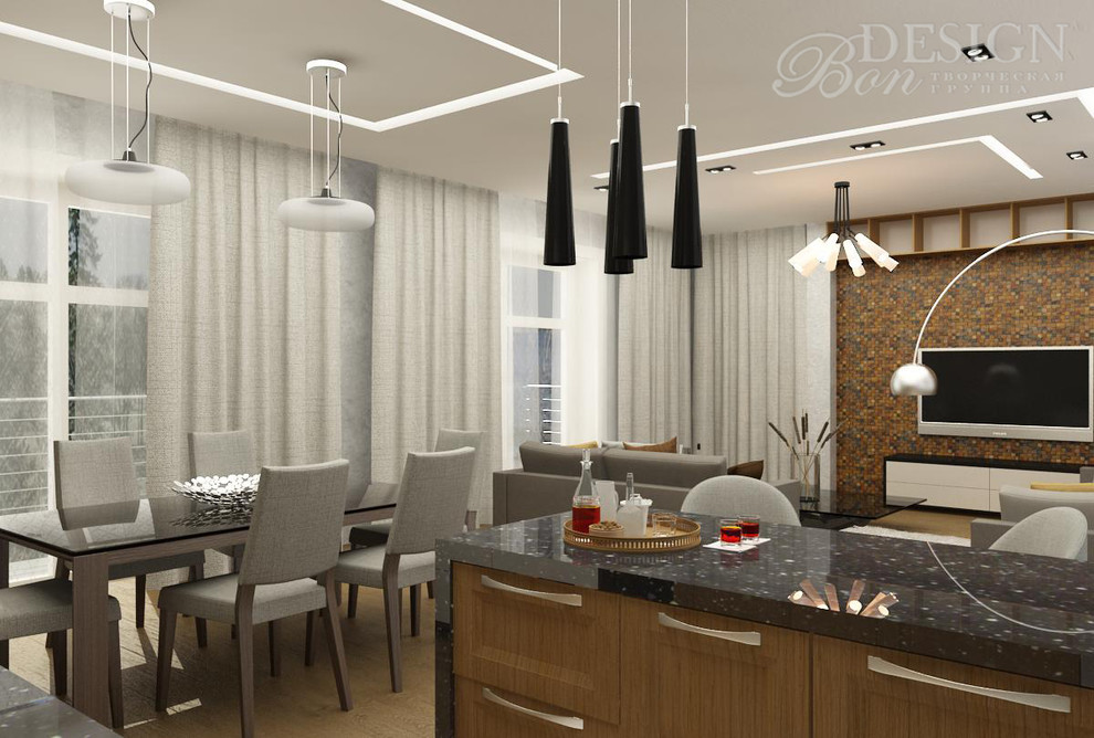 Интерьер частного дома в г.Выборге с видом на залив. Кухня-гостиная.