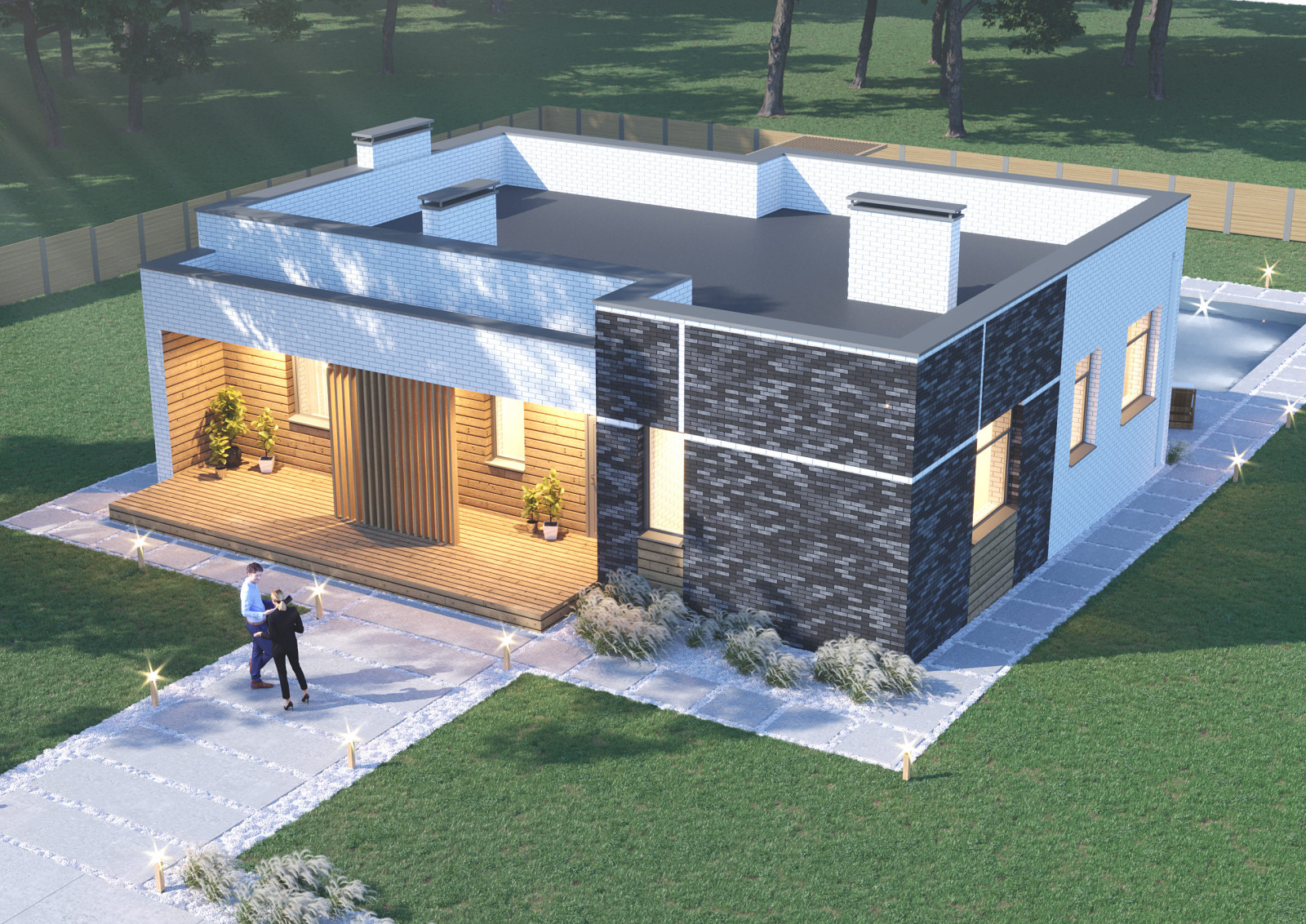 Проект 1-этажного 4-комнатного жилого дома с плоской крышей (флэтхаус)