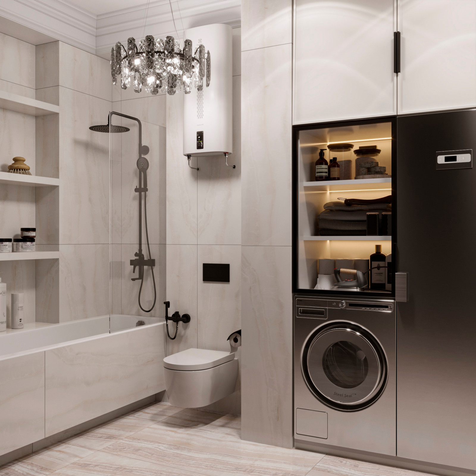 Обложка проекта: Современная ванная  в светлых тонах с постирочной зоной