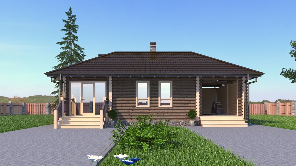 одноэтажная баня с застекленной верандой и дровяником