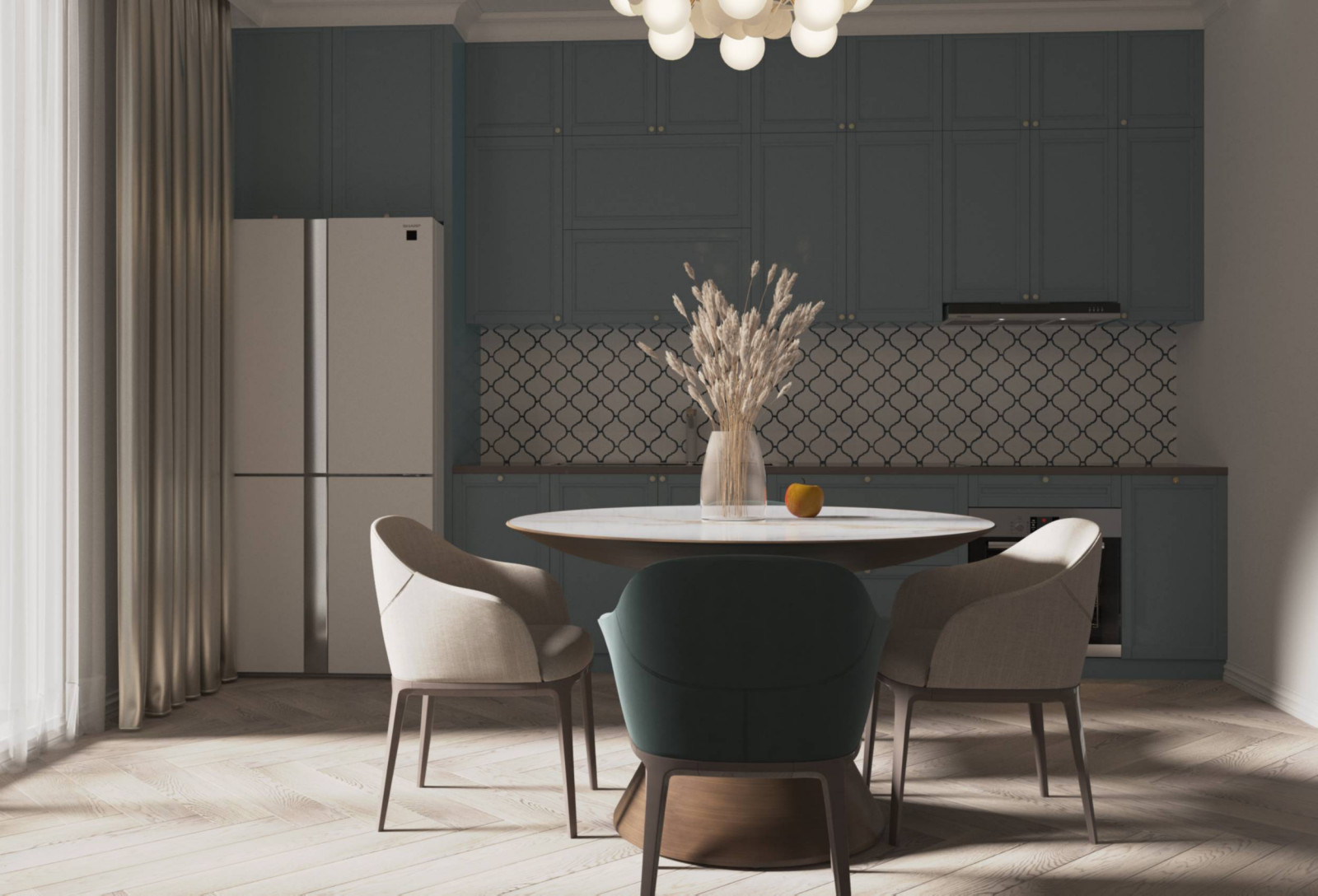 Кухня и гостинная в стиле неоклассика