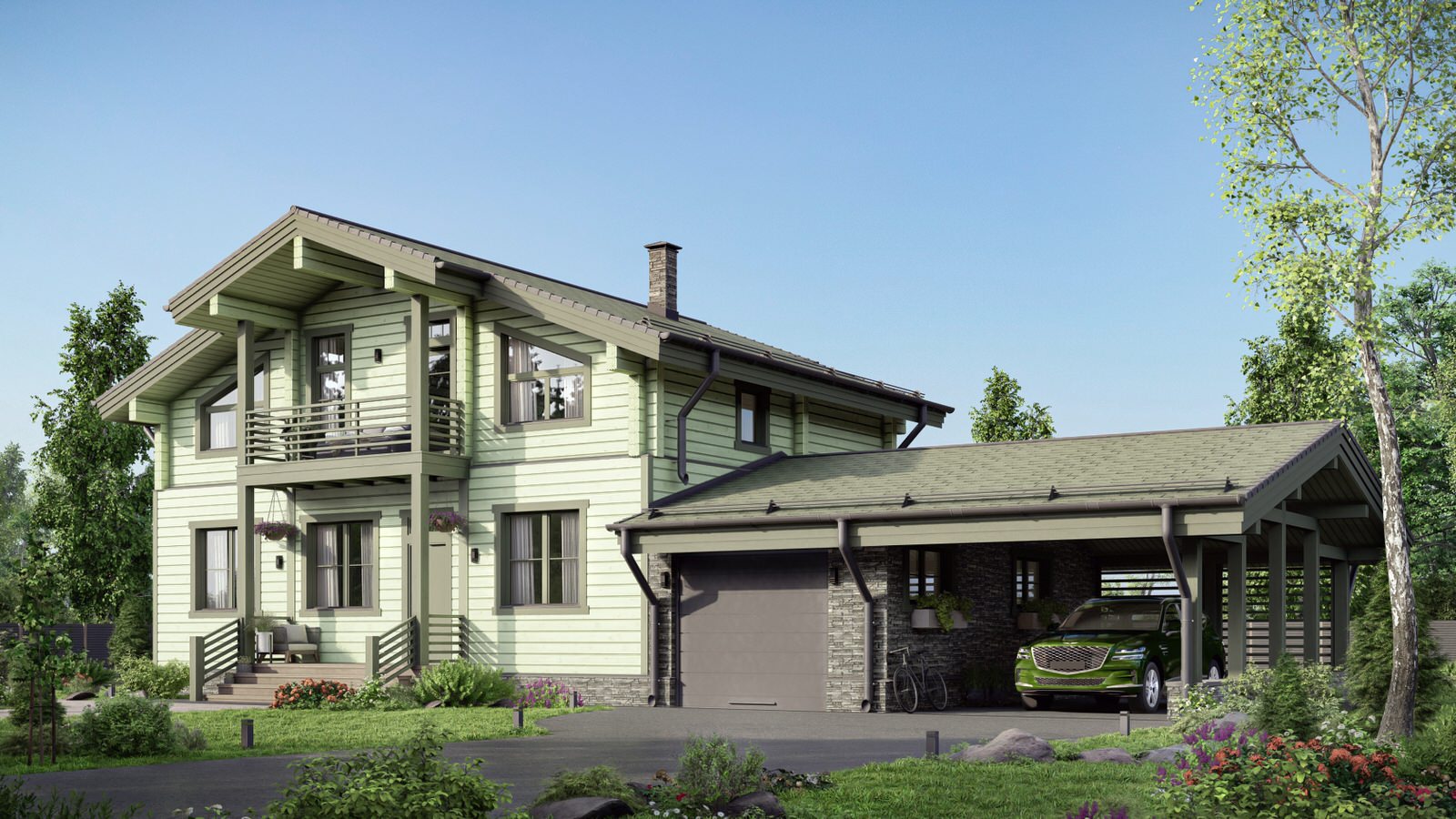 Обложка проекта: Зеленый дом из бруса для семьи, Подмосковье