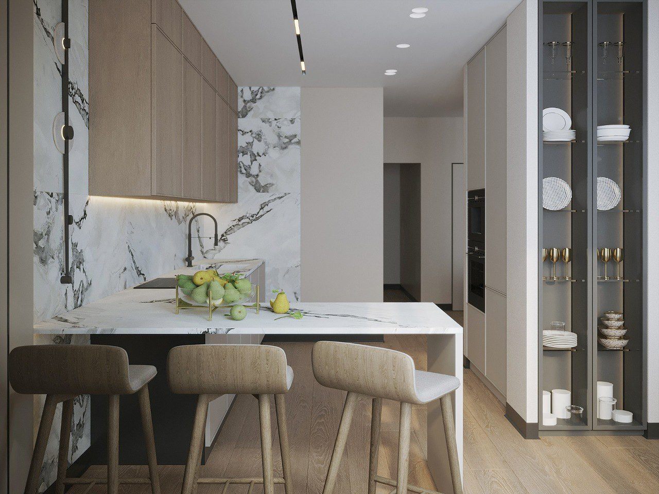 Дизайн кухни-гостиной в природных цветах