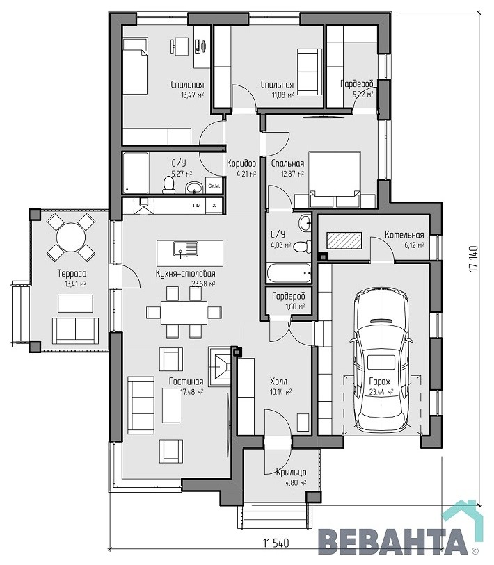 Одноэтажный дом по проекту "Мокко"