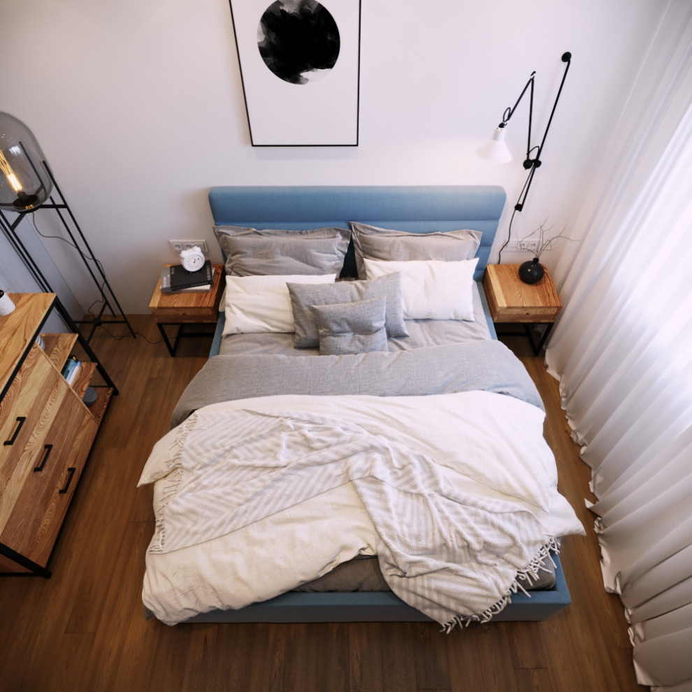 Компактная спальня. Минимализм и дерево.