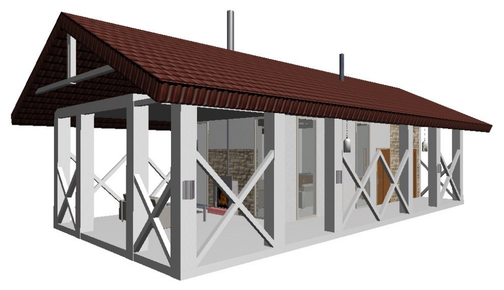Обложка проекта: Крытая беседка в современном стиле с террасой, кухней, зоной отдыха, камином.
