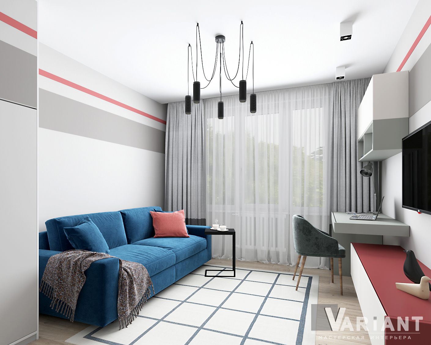 Гостиная с синим диваном и кроватью