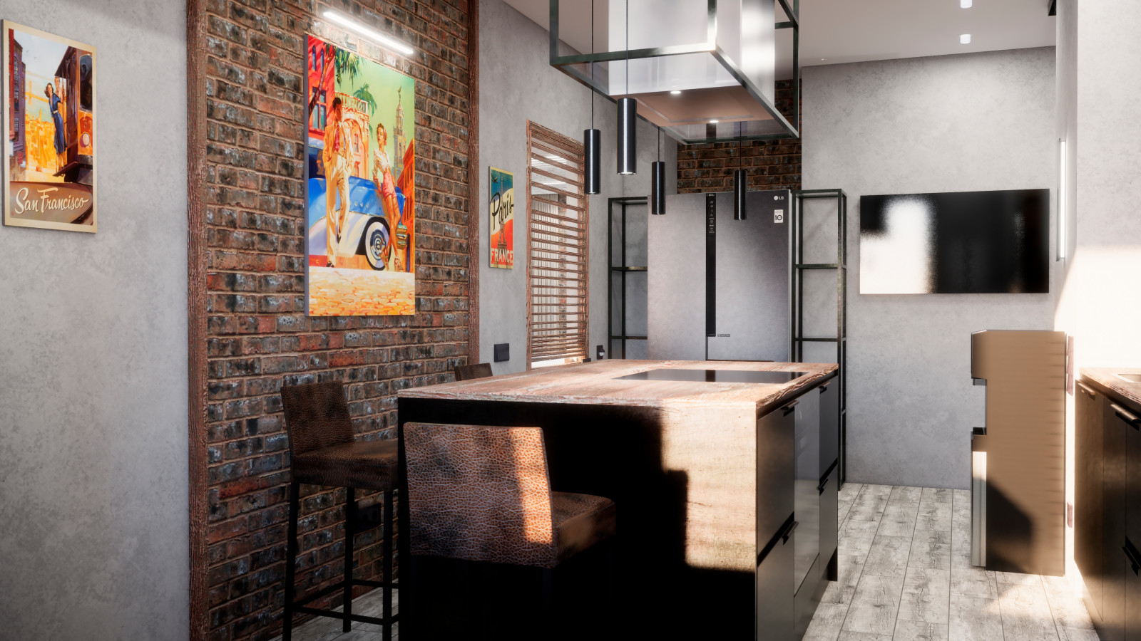 Квартира в Москве в стиле лофт, кухня, холл, санузел, кладовая. 2020 г.