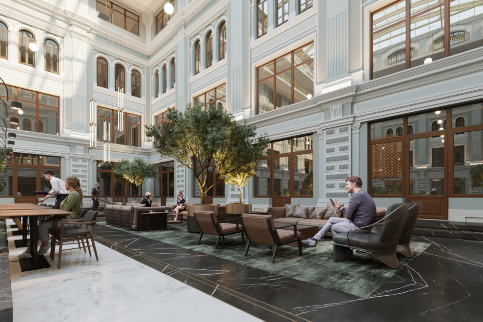 Интерьеры атриума в бизнес-центре "Ветошный, 13", г. Москва