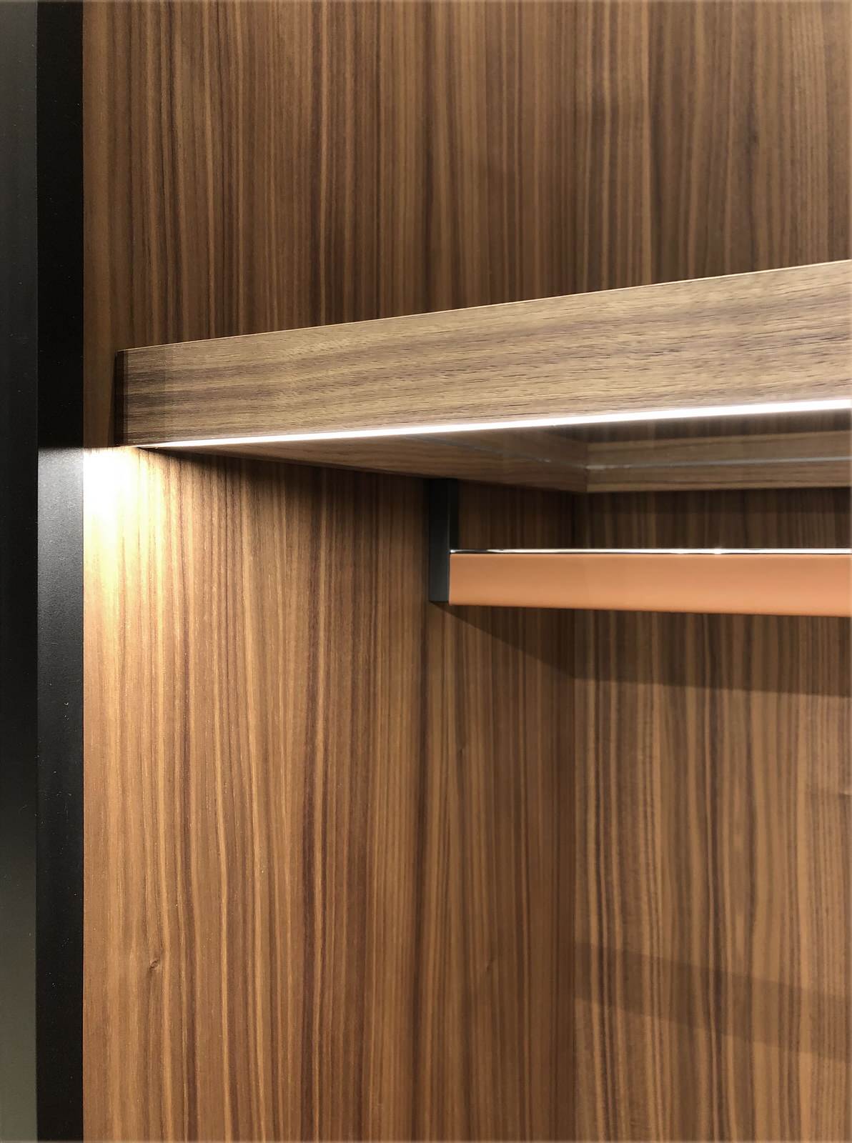 Обложка проекта: Гардеробная комната из шпона ореха со стеклянными дверьми в узком профиле