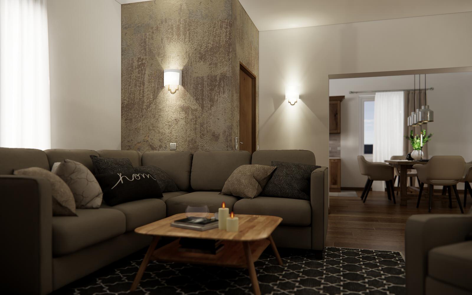 Дом в немецком стиле: кухня и гостиная с камином и лестницей