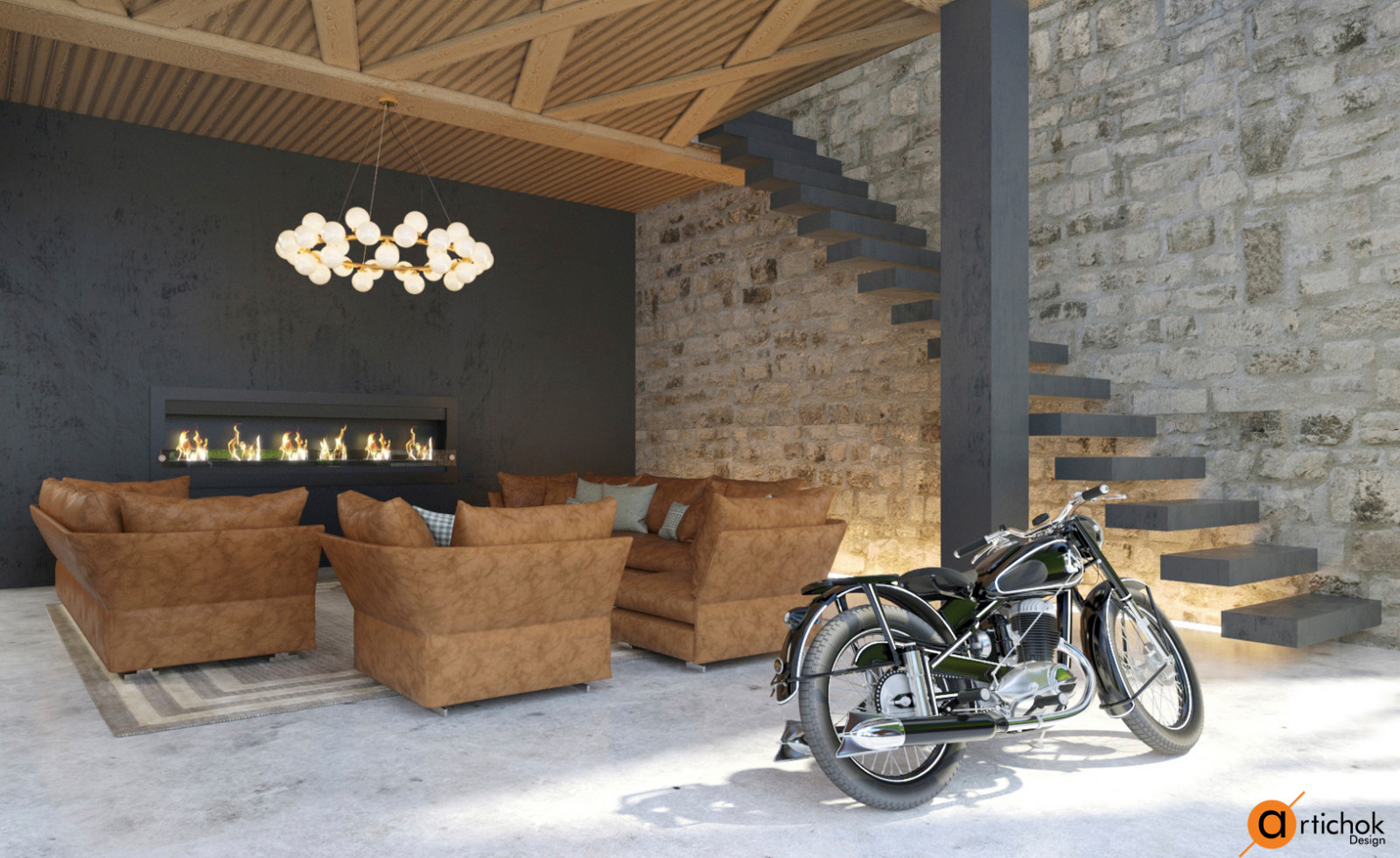 Дизайн интерьера гостиной в доме с лестницей