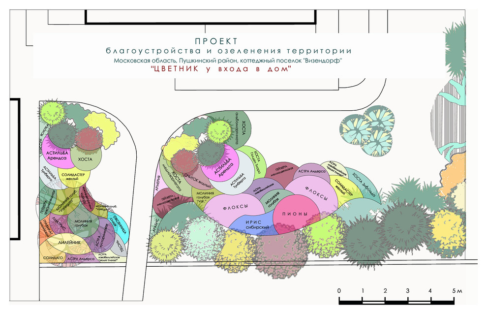 Проект ландшафтного дизайна участка 15 соток - план цветника у входа в дом.