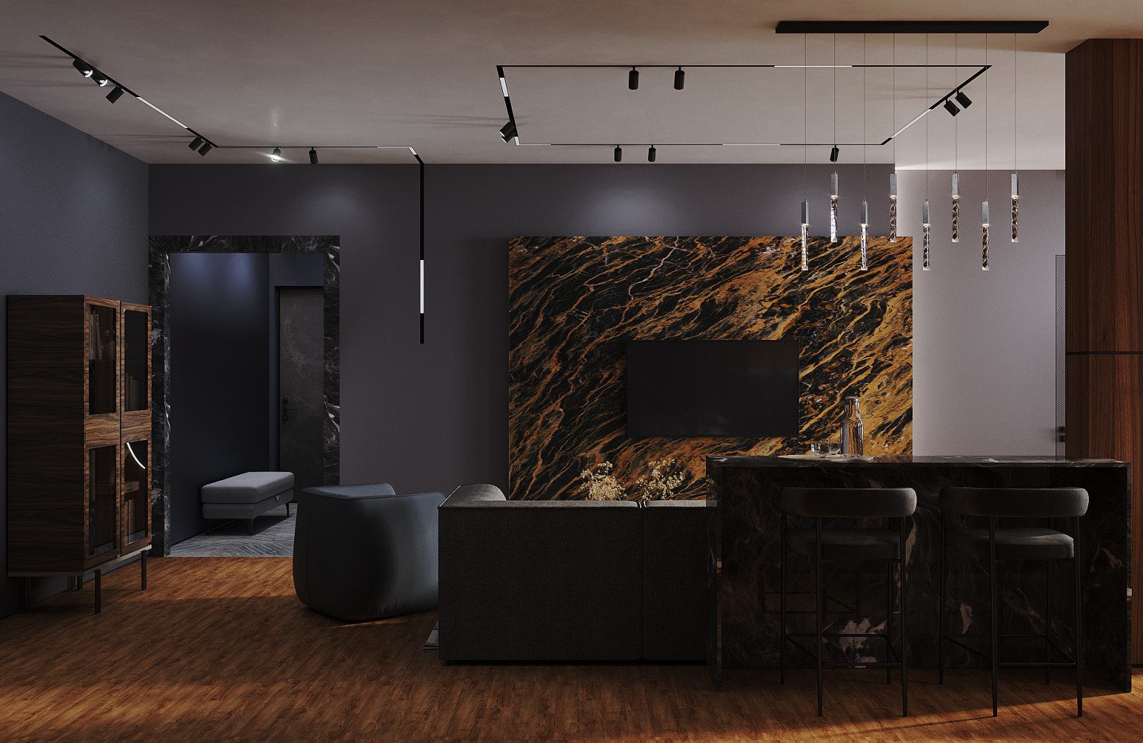 Минималистичная квартира в темных тонах.