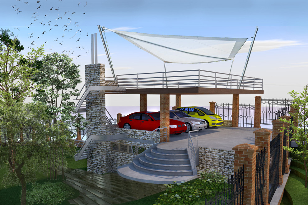 Навес для трёх авто на рельефе с цокольным этажом в Велегож- парк 2 Тульской обл