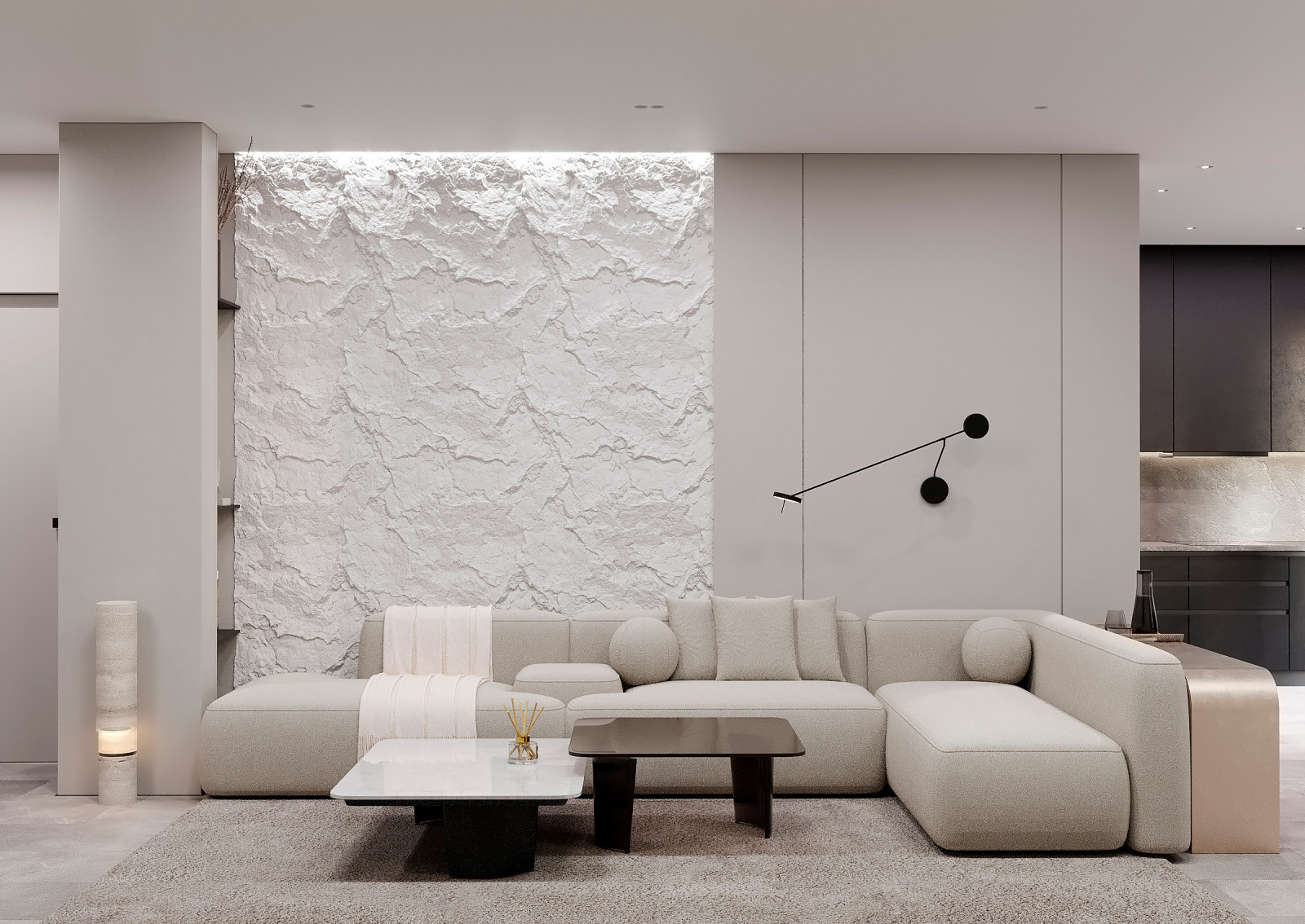 Гостиная-кухня в квартире для молодой девушки в ЖК "Лесопарковый"