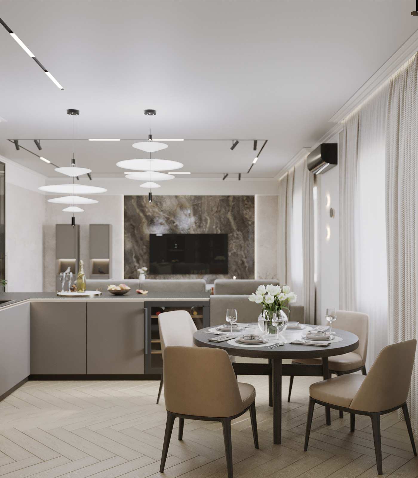 Кухня-гостиная в оттенках серого