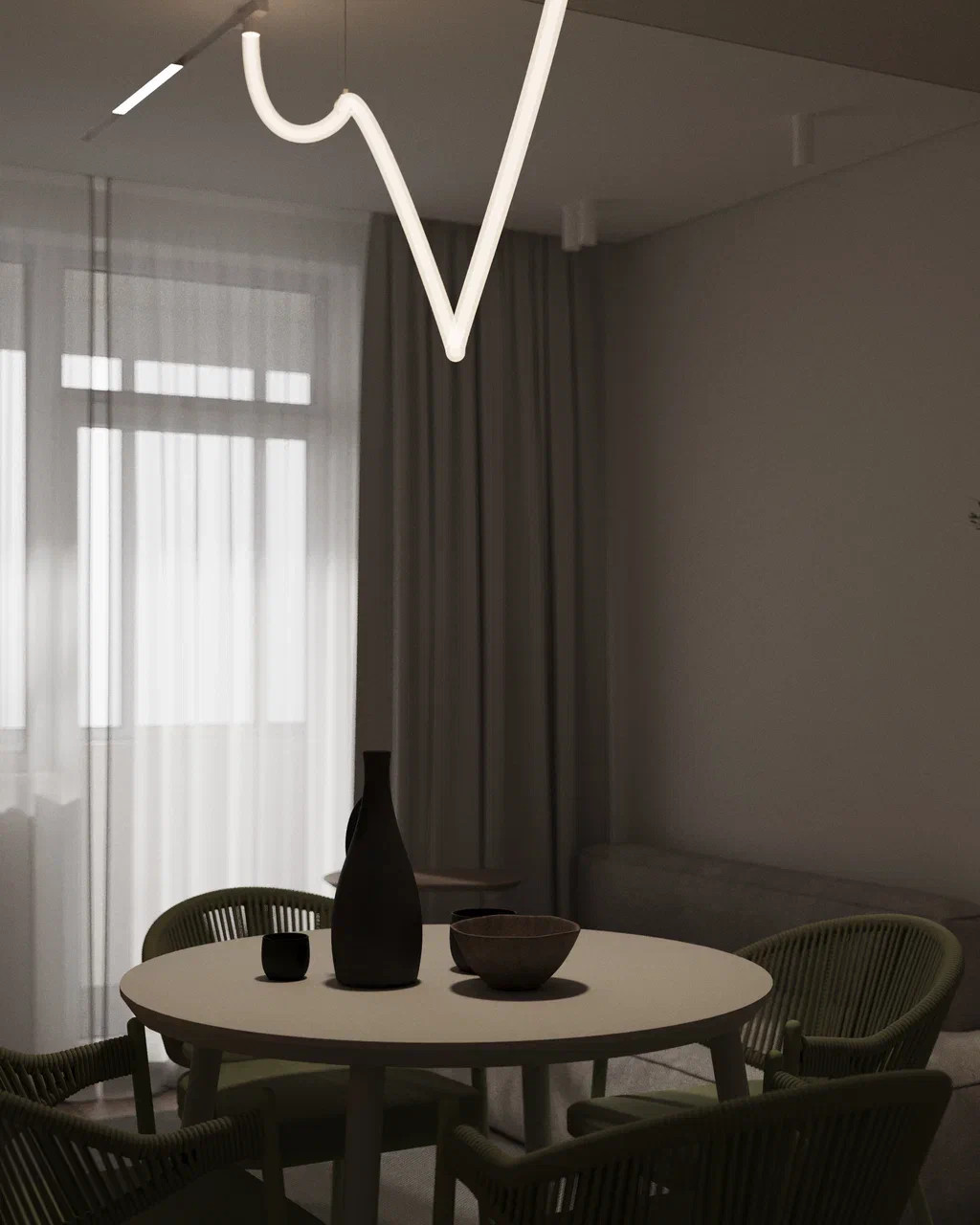 Дизайн кухни-гостиной с акцентным оливковым