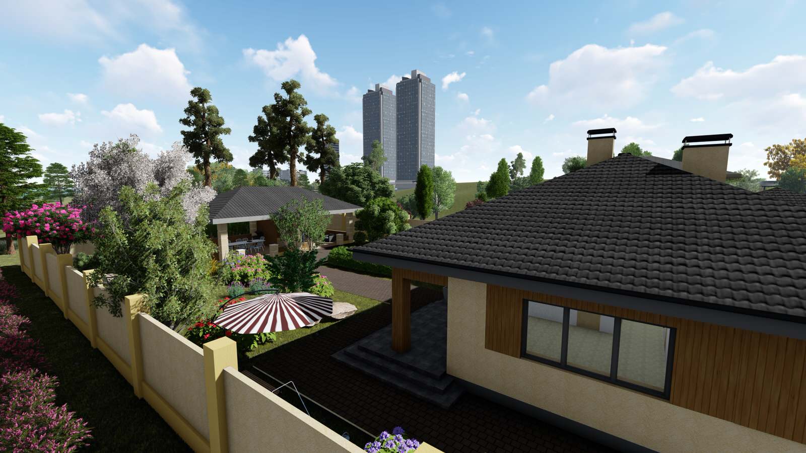 Одноэтажный дом с беседкой