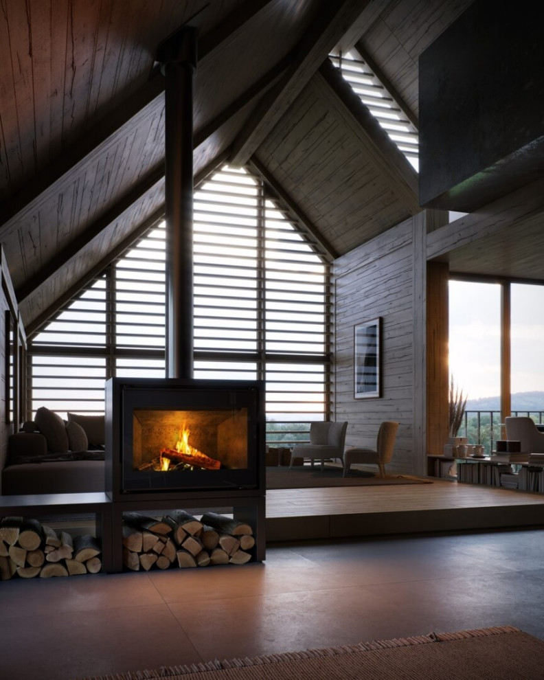 Обложка проекта: Тёплый вечер в доме с панорамными окнами и живым огнём.