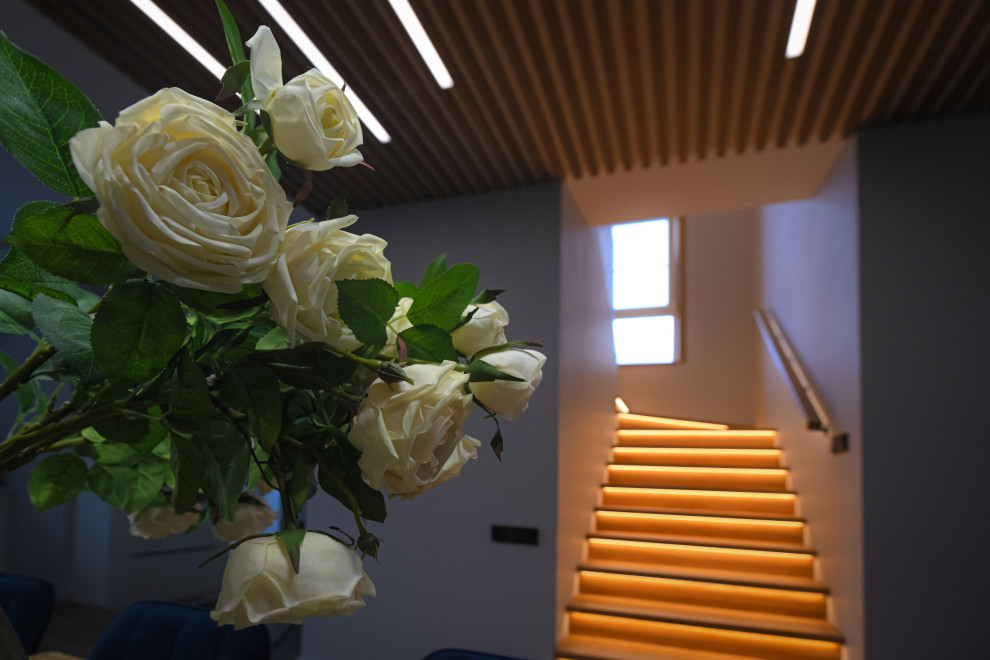 Коттедж в Чукреевке с природными фресками и рейками с подсветкой