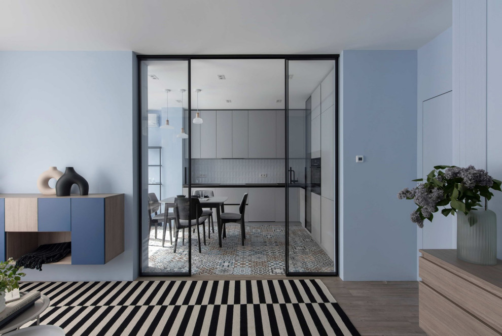 The light blue tones in the interiors of apartment