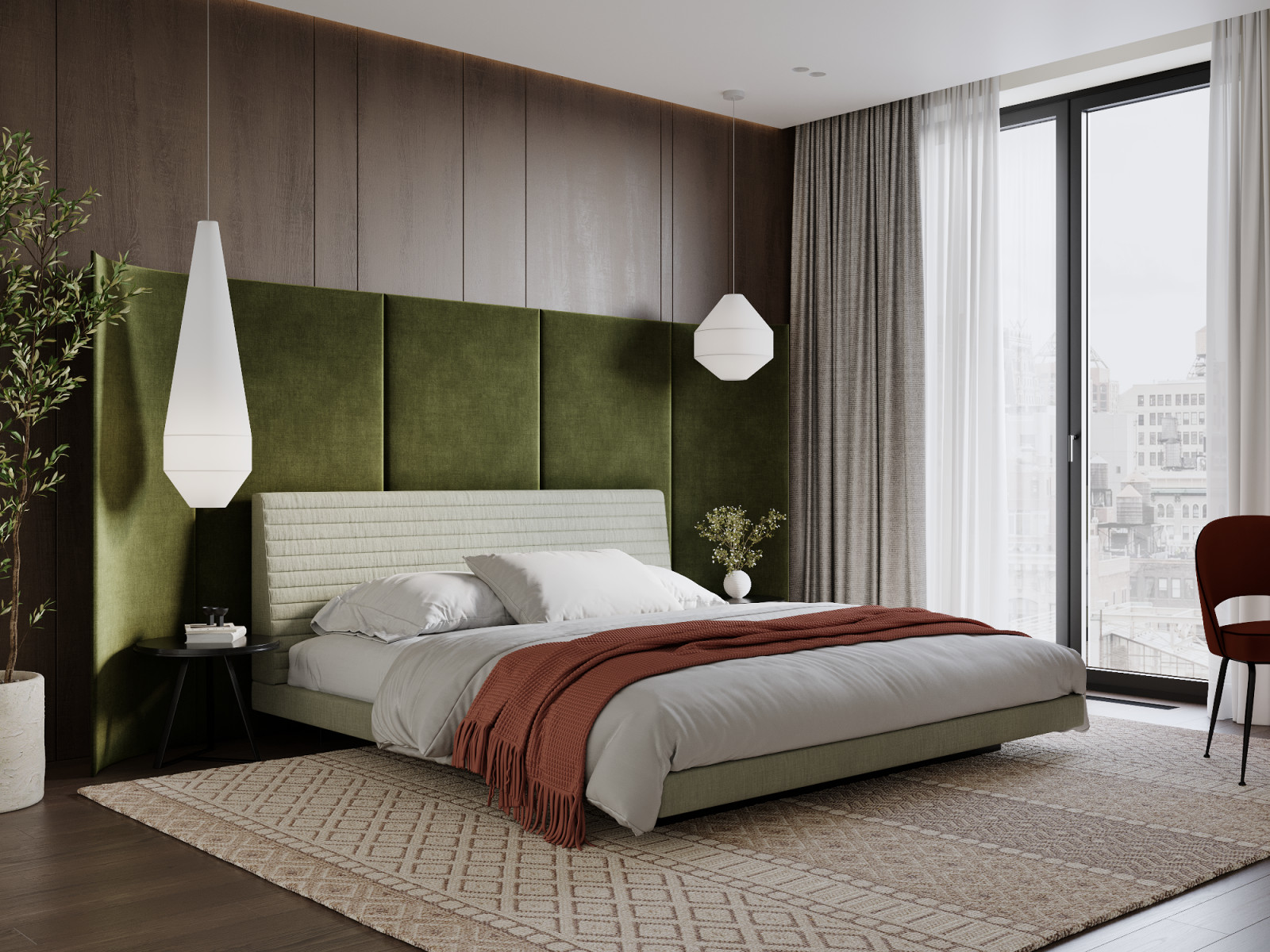 Визуализация интерьера спальни с зелеными акцентами