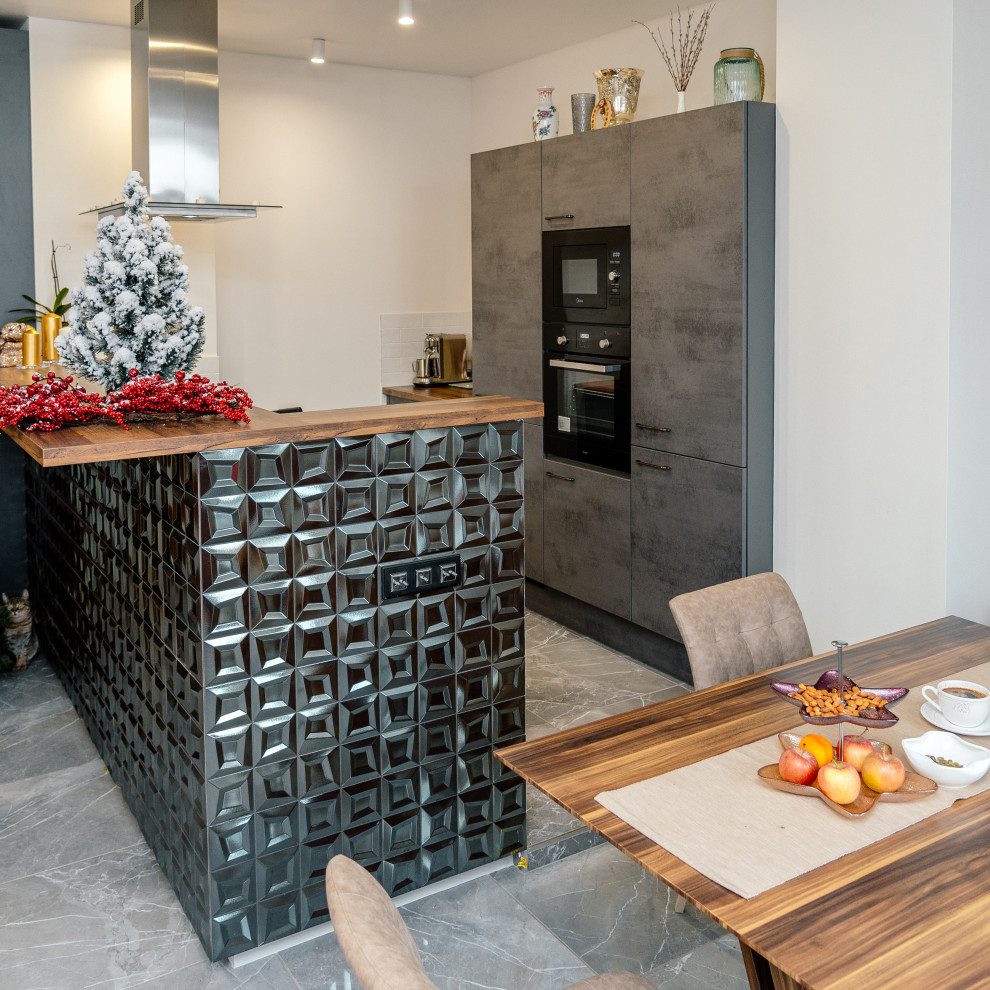 Кухня под бетон с оригинальной барной стойкой