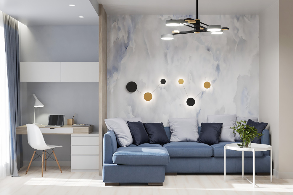 Обложка проекта: Уютная и светлая гостиная с рабочим местом