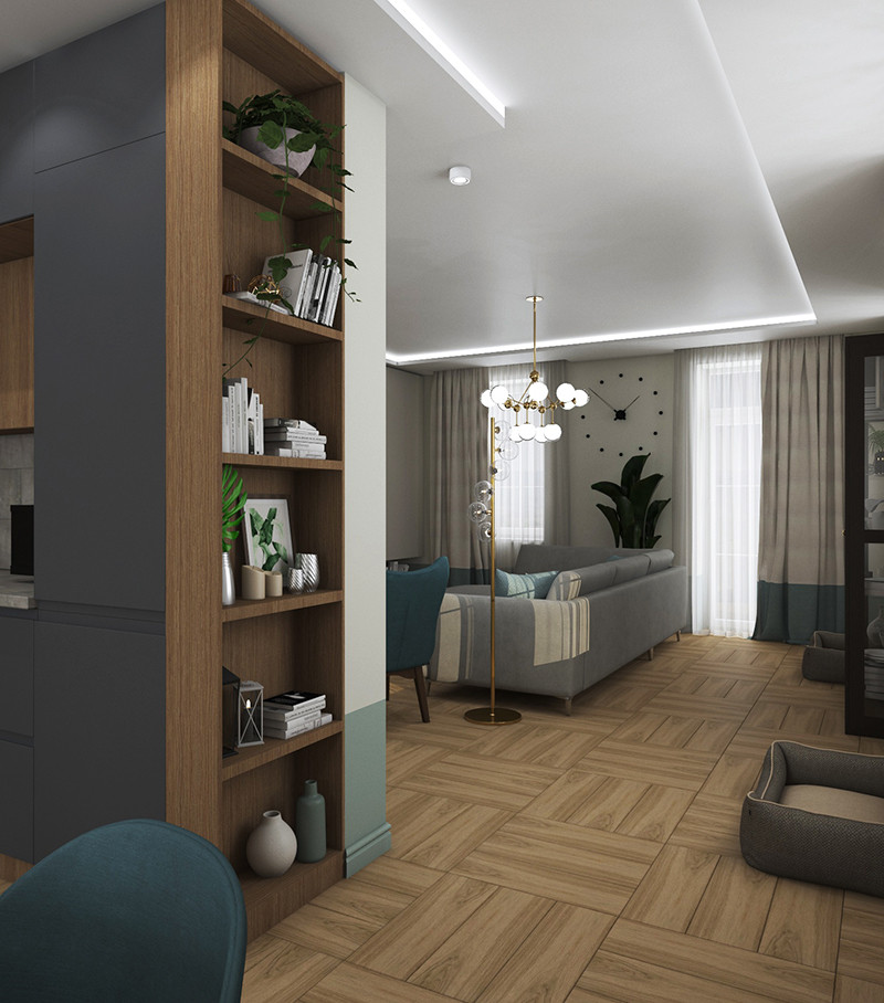 Интерьер кухни-столовой с гостиной в частном доме