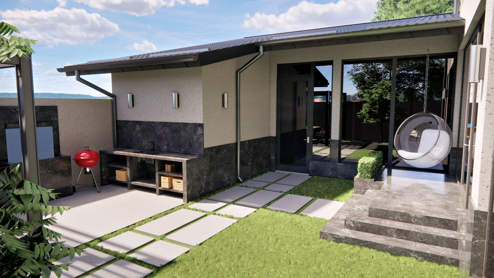 Фасад и ландшафт дачного домика