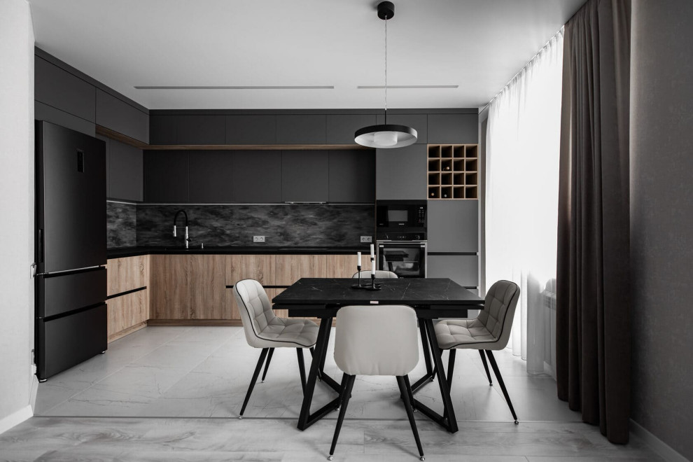 Большая угловая кухня в цвете графит с тонкой столешницей из компакт-плиты