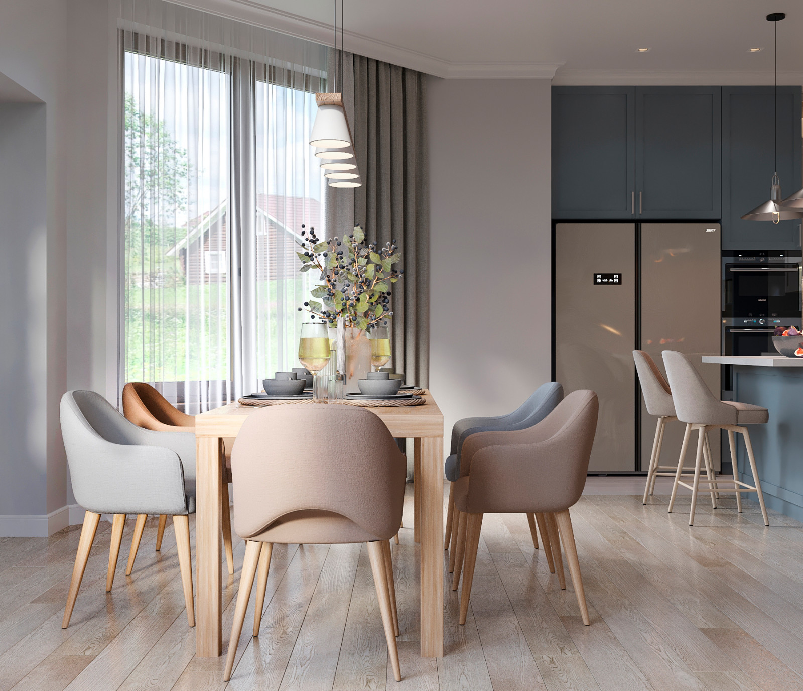 Кухня-гостиная на первом этаже. Вид на обеденную группу