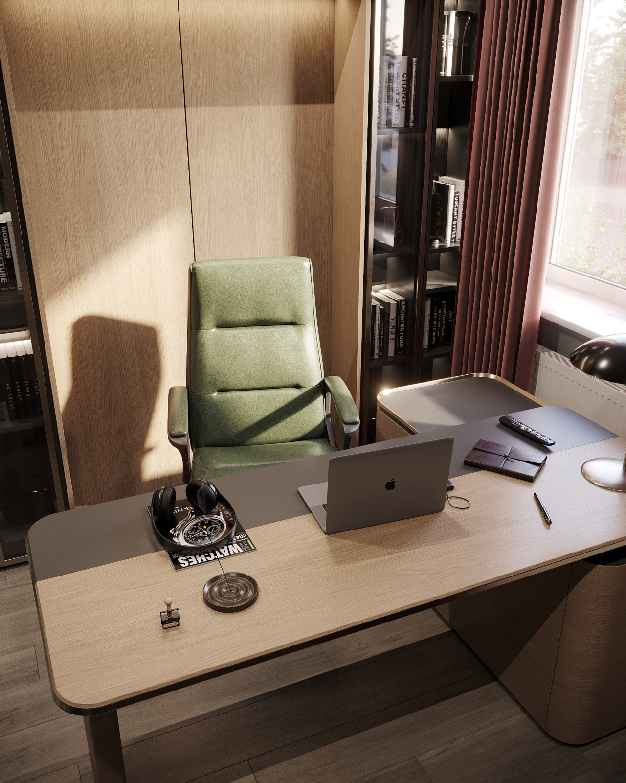 Дизайн и 3д-визуализация кабинета в загородном доме. Вариант 2.