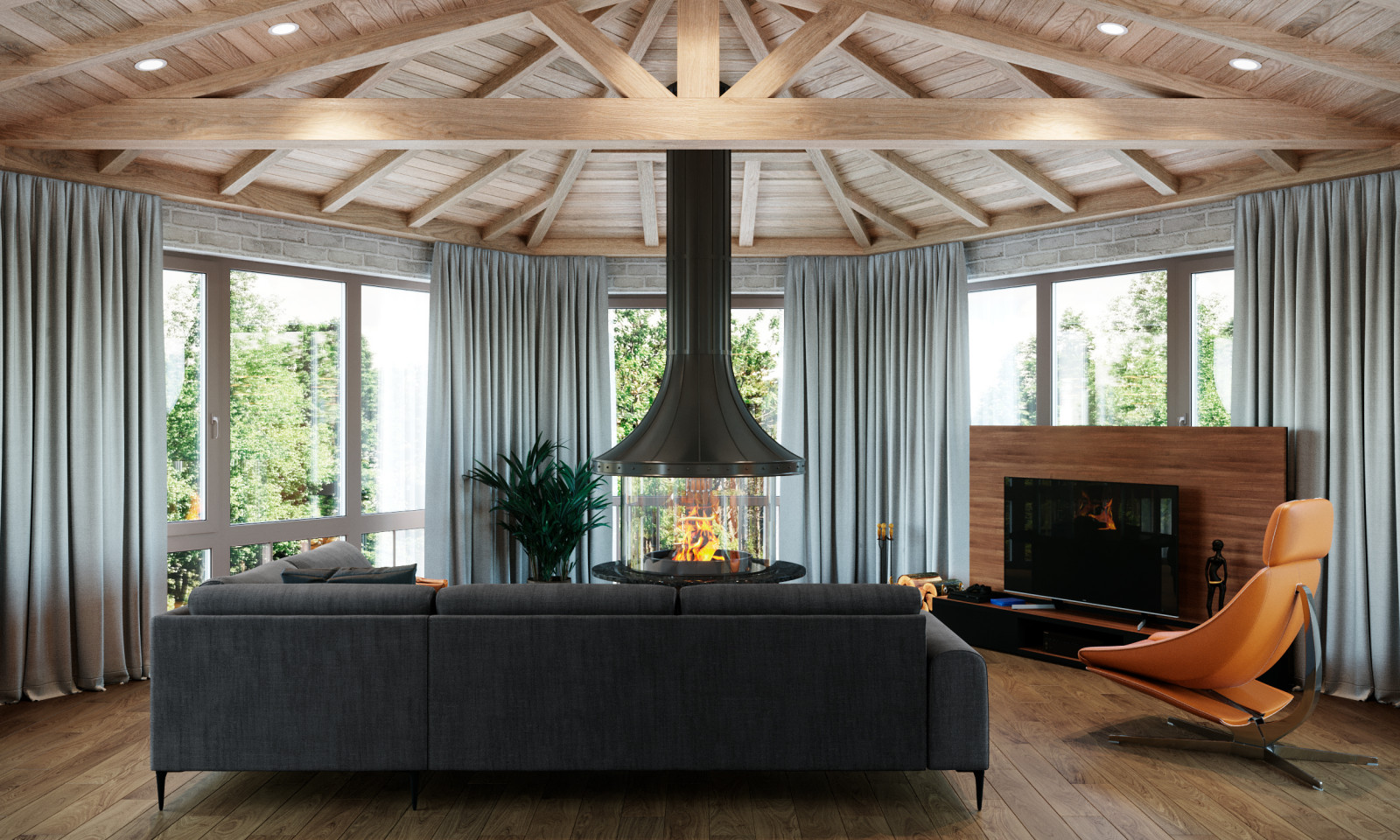 Терраса с островным камином