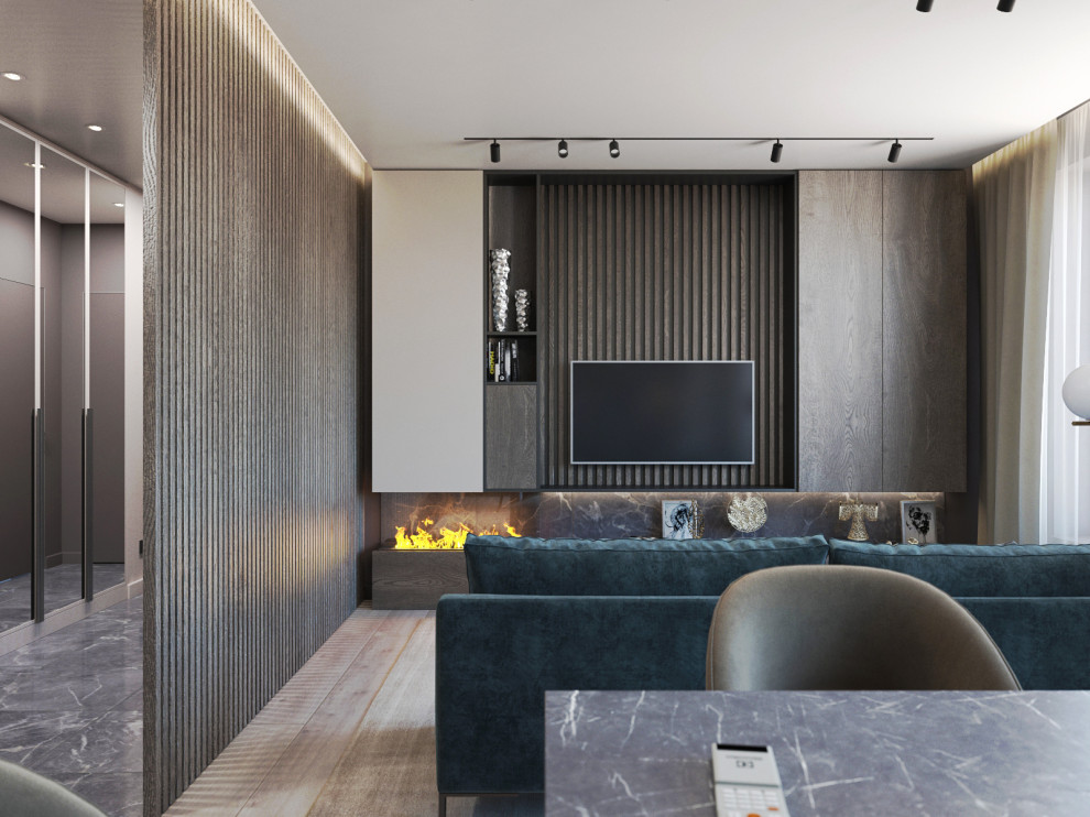 Кухня-гостиная. ТВ зона с биокамином