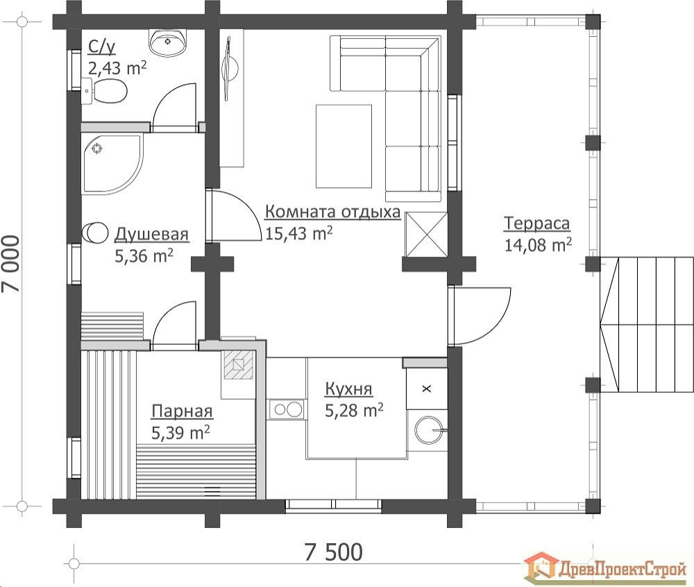 Проект бани № 155. Баня из бруса массива естественной влажности 140 х 140,