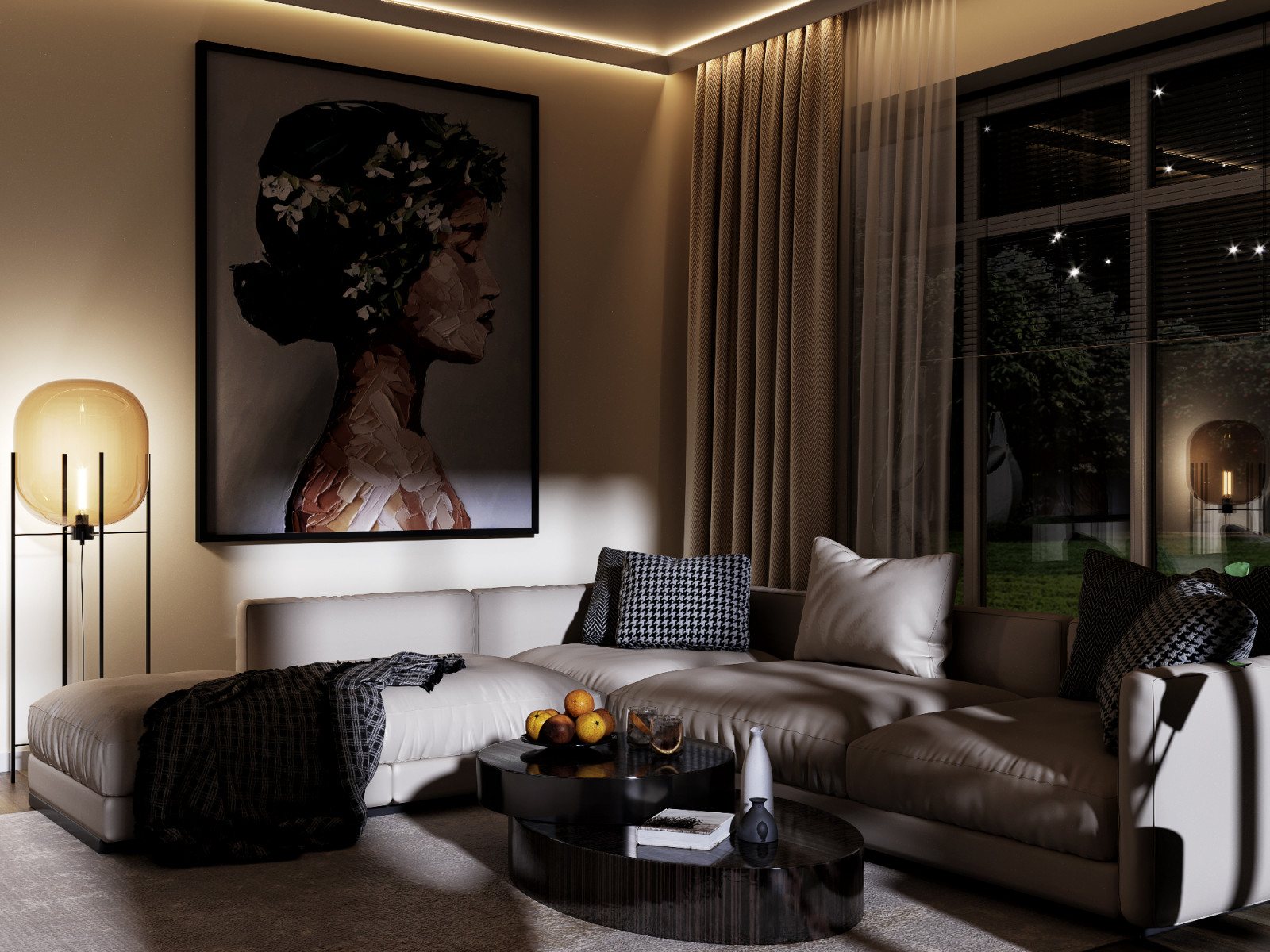 Ночные визуализации гостиной 30 кв.м. в современном стиле