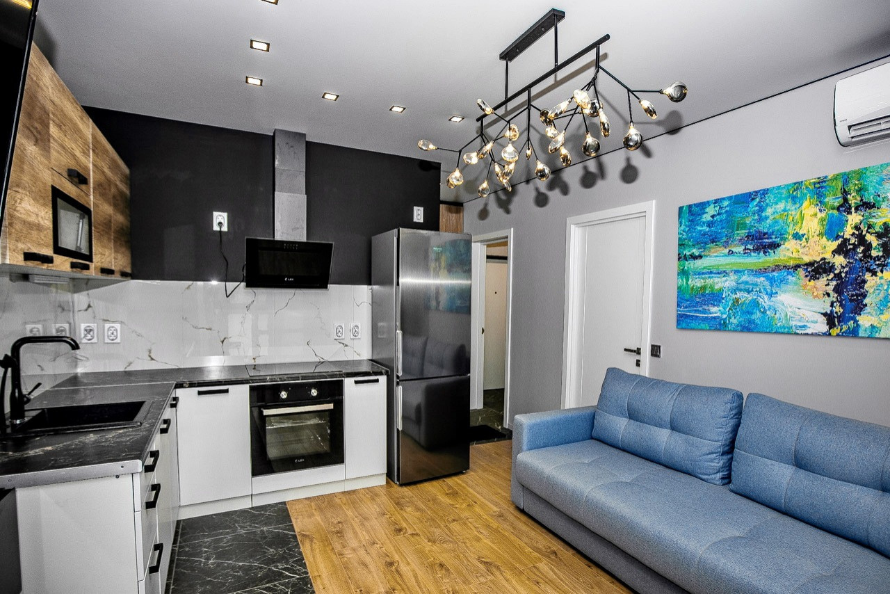 Гостиная 2-х комнатной студии. Дизайн квартиры в Сочи ул.Фабрициуса