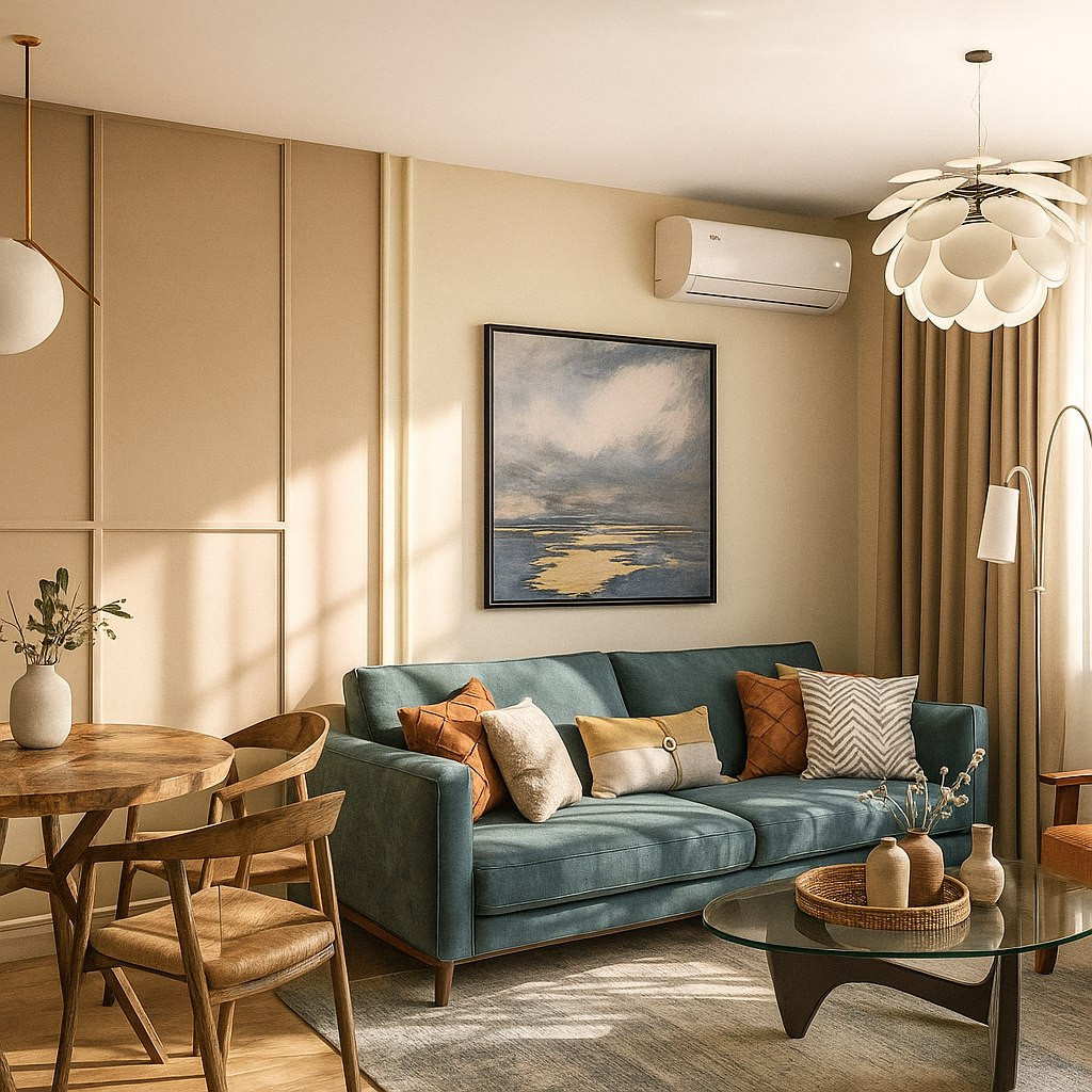 Обложка проекта: Кухня гостиная в миксе стилей mid century и скандинавского