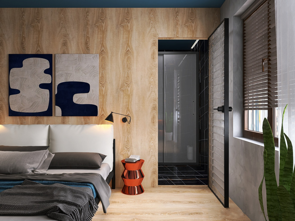 Дизайн спальни, совмещенной с санузлом, для молодого человека